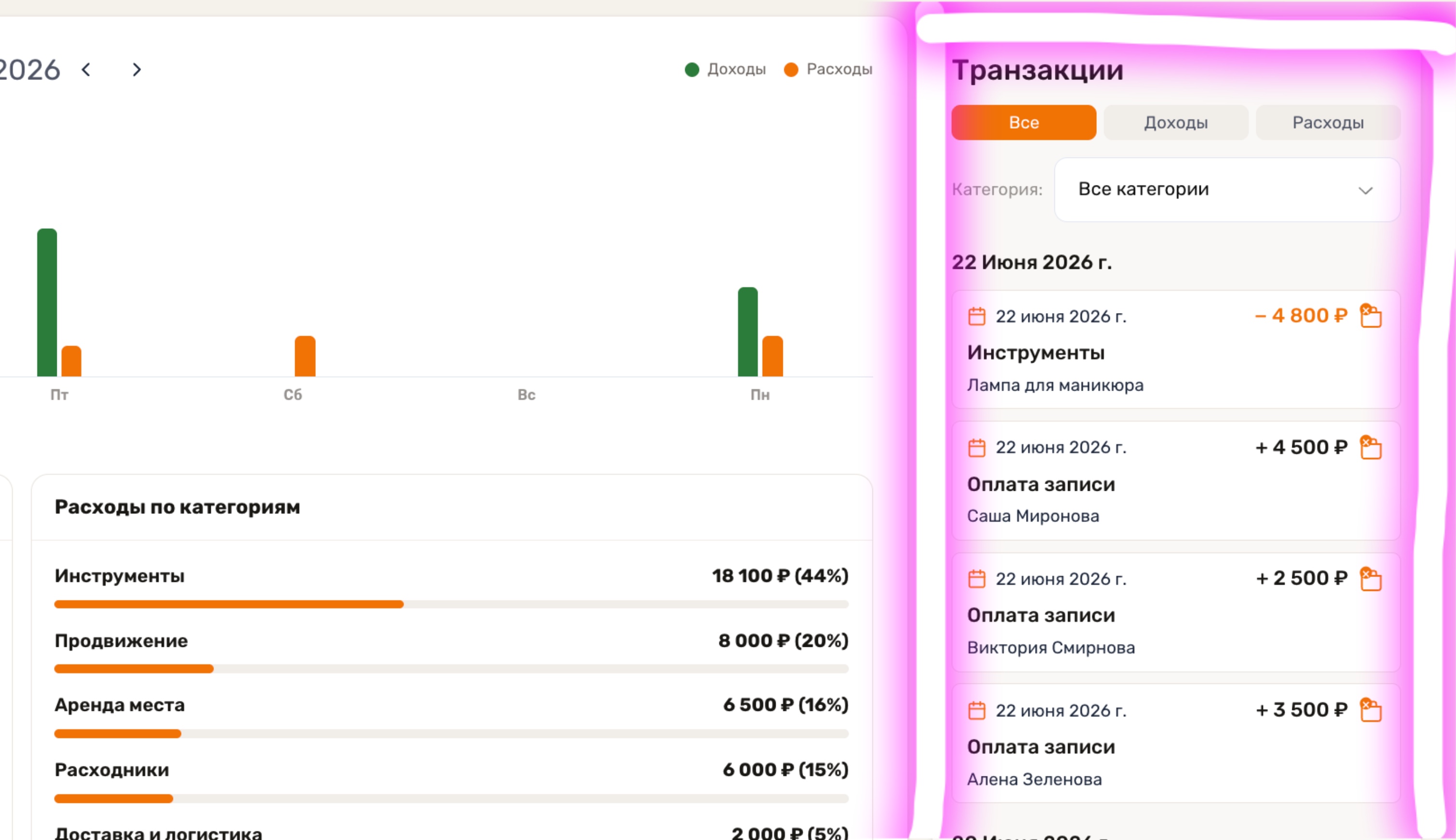 история транзакций в selfcrm доходы и расходы