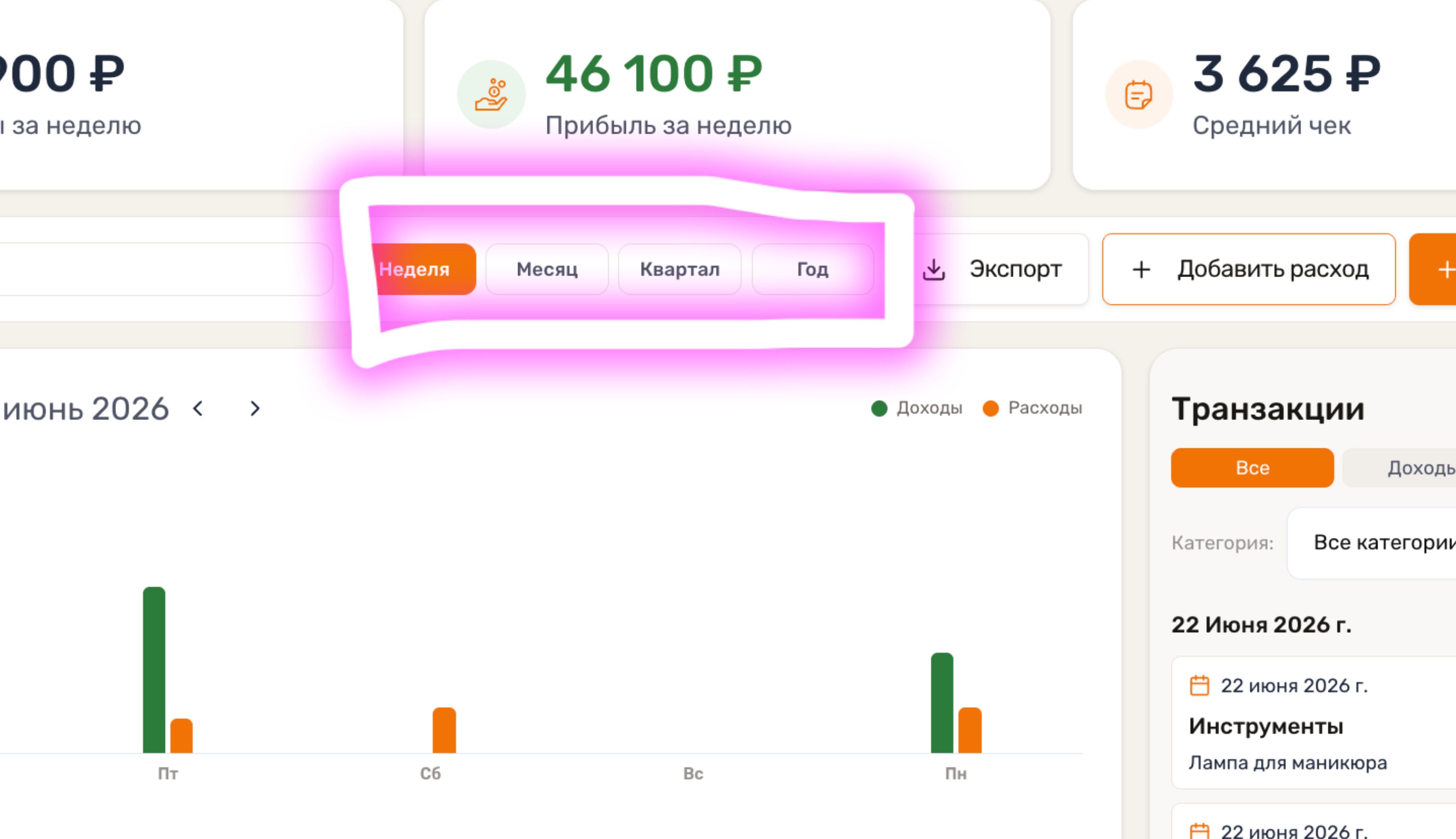 Раздел финансов в SelfCRM разные периоды времени